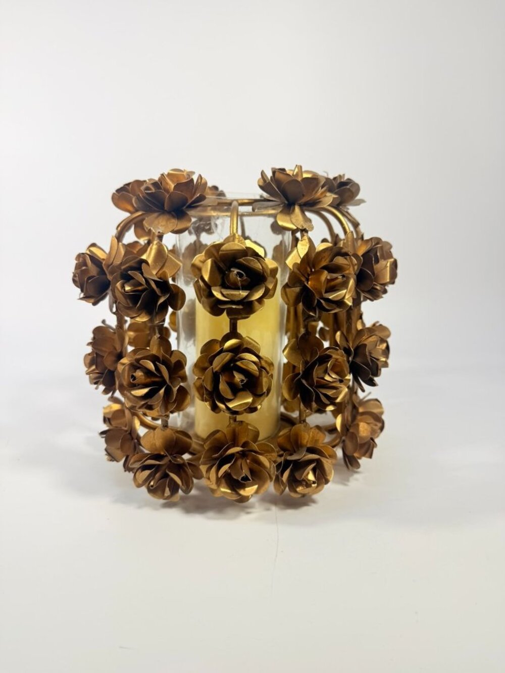Candle Holder Vase Metal Flowers Roses Table Centerpiece Brushed Gold  Vintage T - Picture 2 of 16